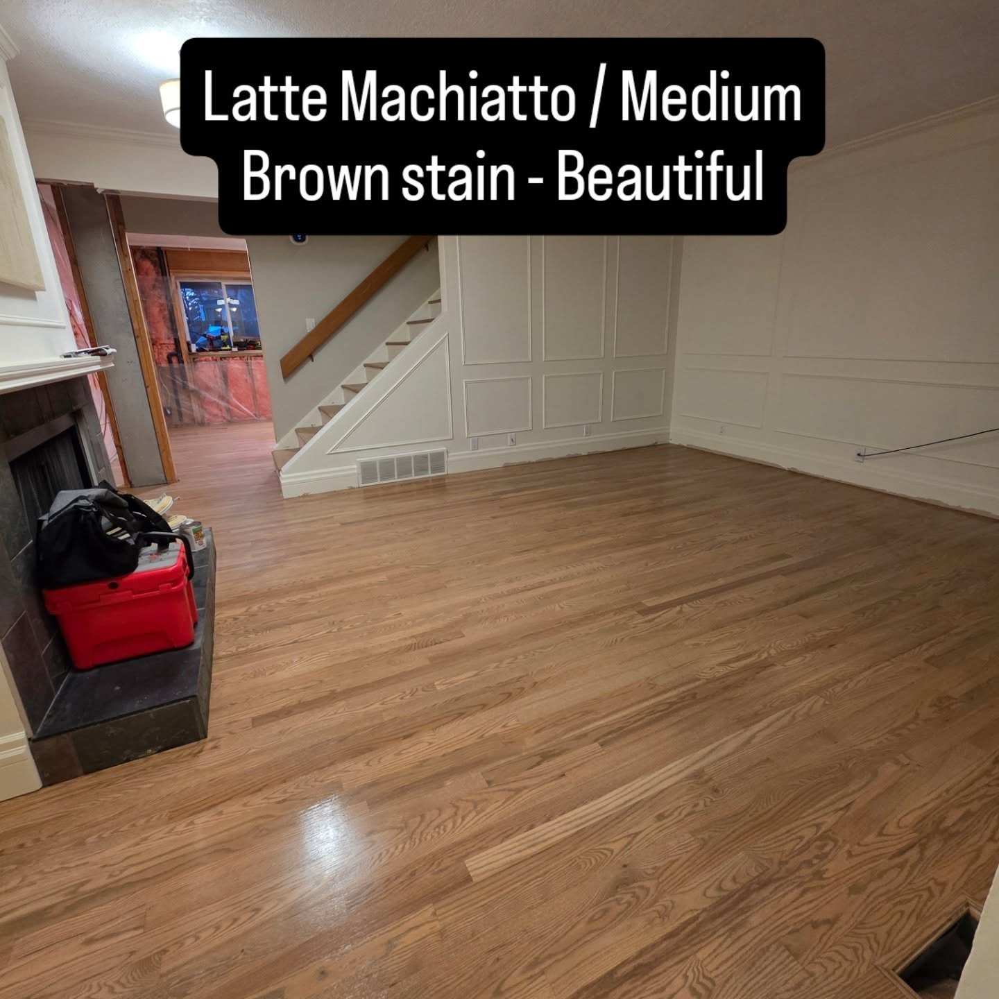 Red oak hardwood floor refinished with Berger-Seidle Latte Machiatto medium brown stain, Calgary Airdrie